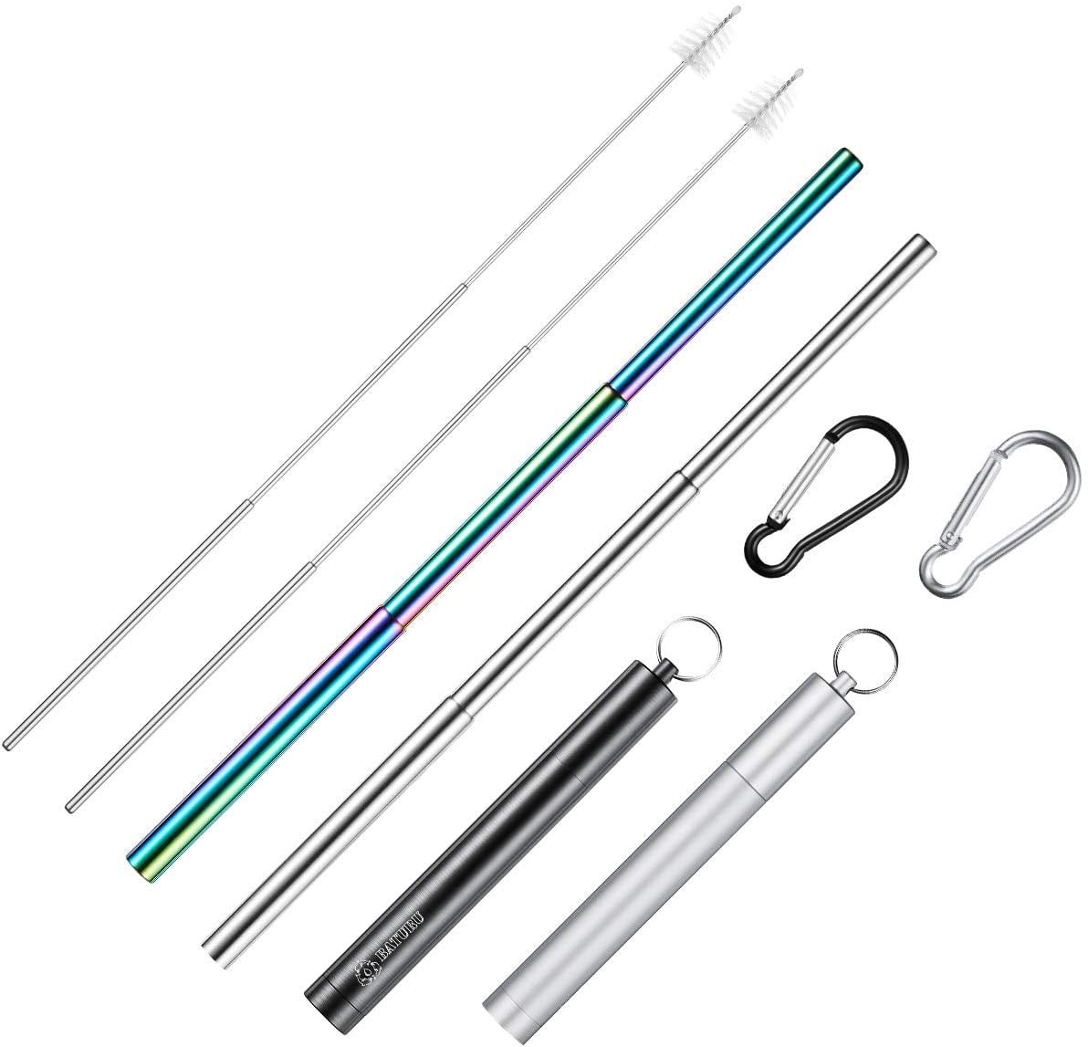2 Pack Reusable Metal Straws Collapsible Stainless Steel Drinking Straw Portable 