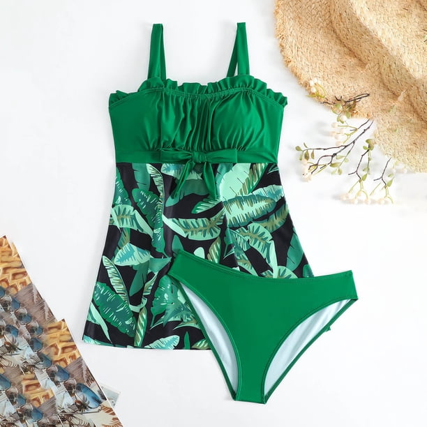 Traje de baño de 2 piezas para mujer, trajes de baño para mujer, traje de baño de moda femenina con volantes, estilo conservador, escote en el pecho, bloques de color, sin espalda, traje de baño para