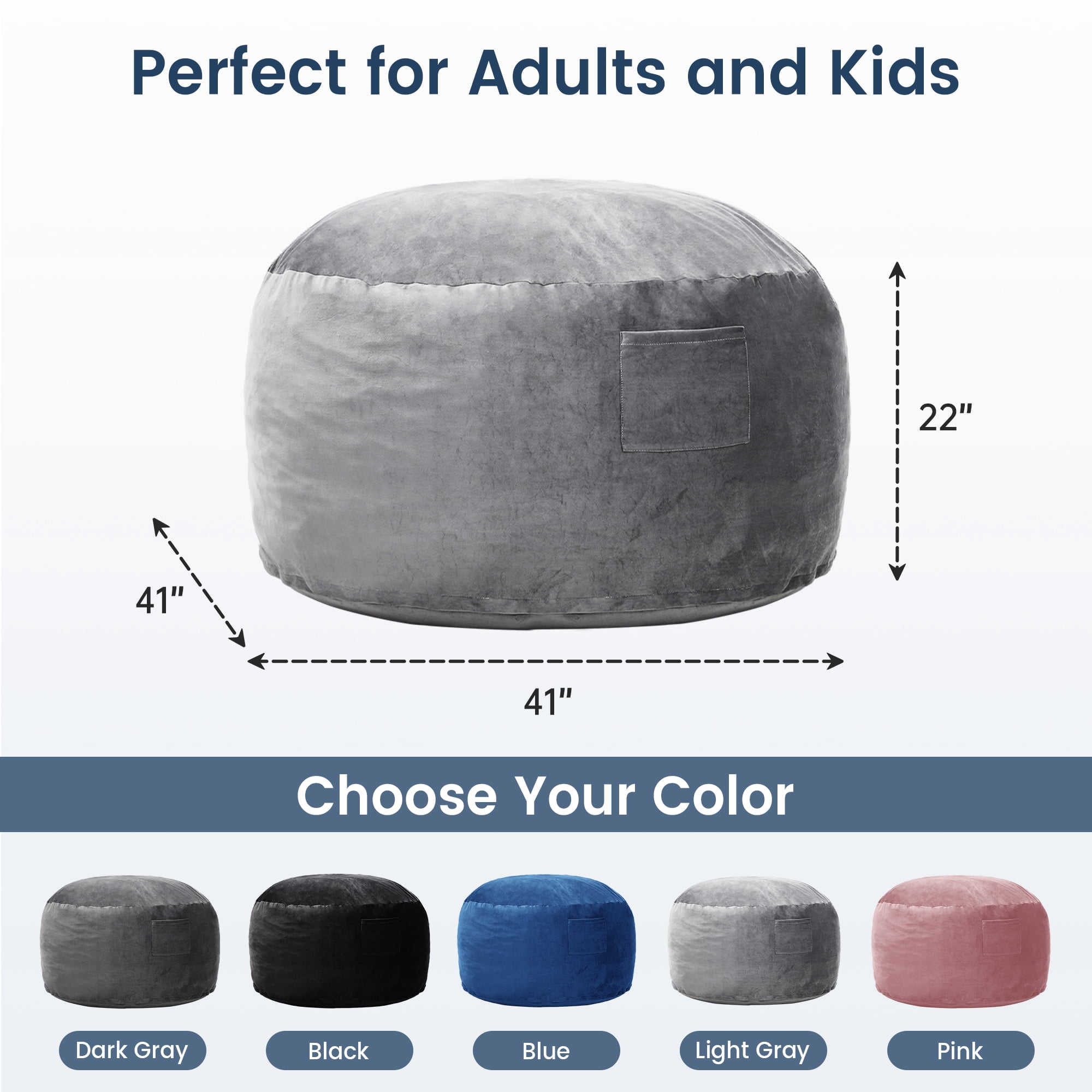 Melocadol 3.5ft Bean Bag Chair for Adults Kids, Premium Memory Foam, Washable Suede Fabric, Sturdy Zipper, Comfy Chair for Home, Den, Dorm, Light Gray