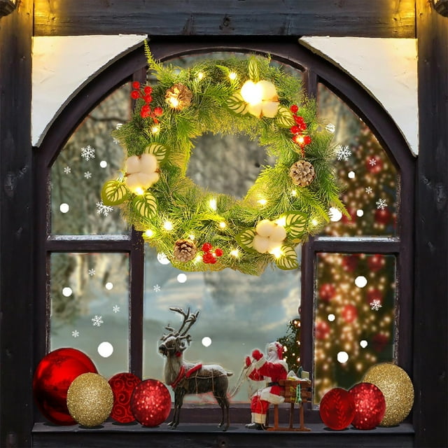 PEONAVET Couronne de Noël Couronne de Fleurs Porte d'Entrée Heurtoir de Porte de Noël Intérieur et Extérieur Heurtoir de Porte d'Hiver avec Cotons Fruits Rouges Pommes de Pin Décorations de Noël