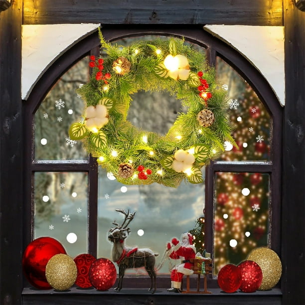 Corona navideña iluminada con bayas rojas y piñas - Decoración de puerta de invierno de 30 cm para uso interior/exterior, decoración festiva navideña con detalles de algodón