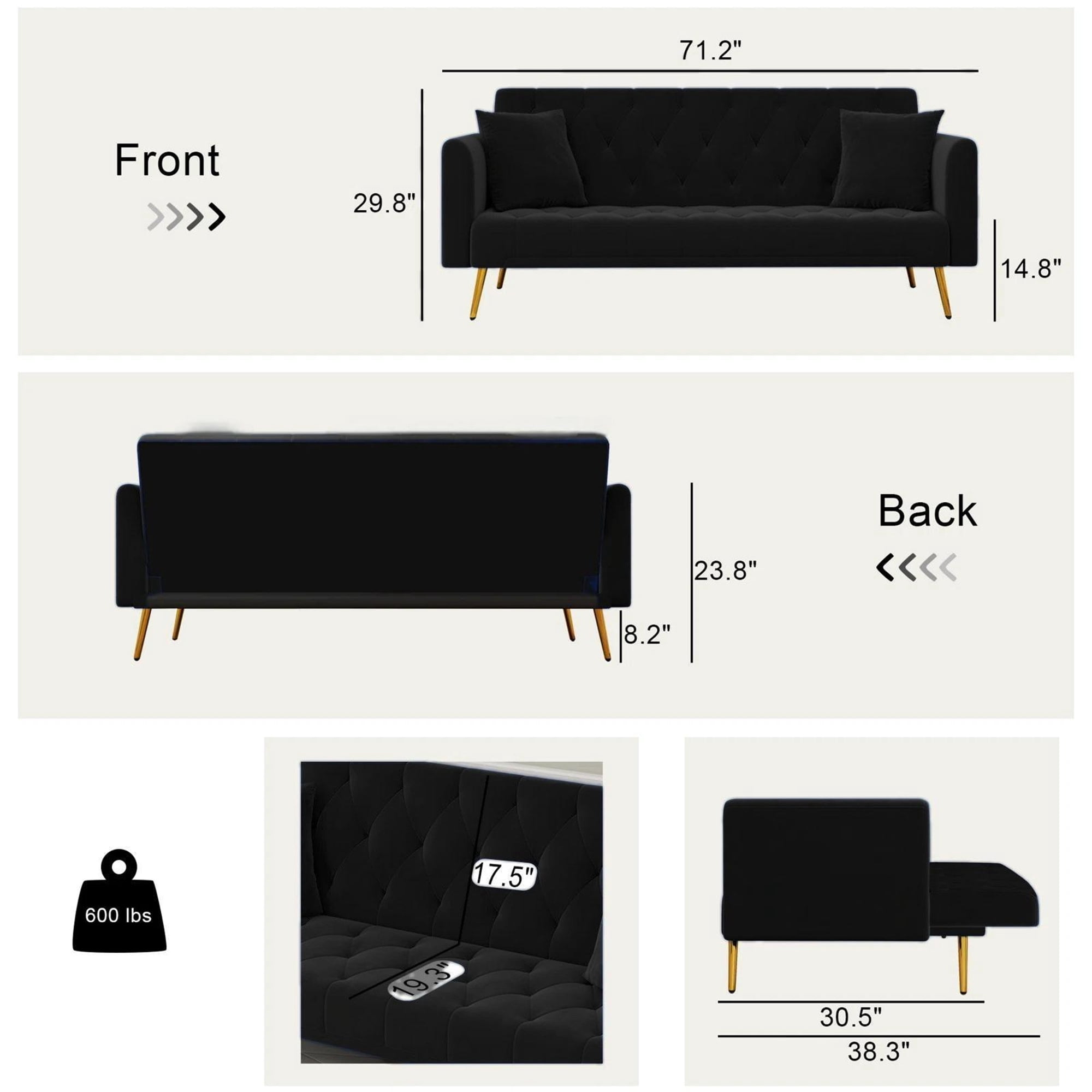 Aukfa Curved Arm Futon Convertible Sofa Bed for Home Office, 2 Pillows, Tufted Back, Velvet, Black
