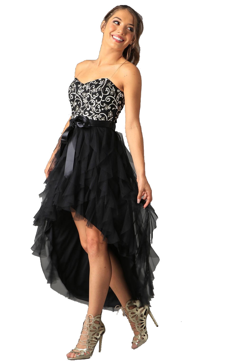 Teeze Me Women's Strapless Sweetheart Glitter Filigree High-Low Ruffle ...