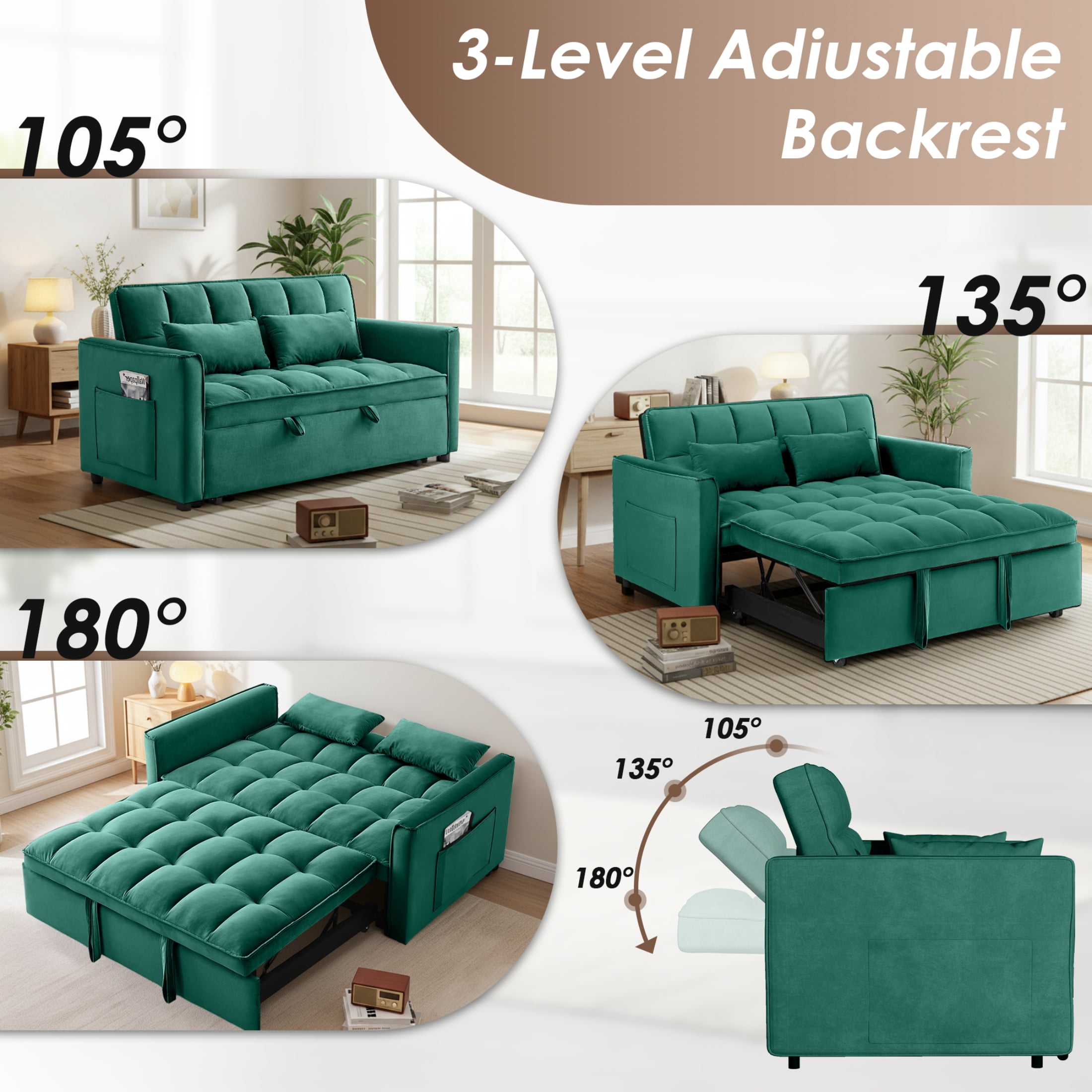 Vinform 55" 3 in 1 Convertible Sleeper Sofa Bed, Pull Out Loveseat Couch with Storage Pocket, Green