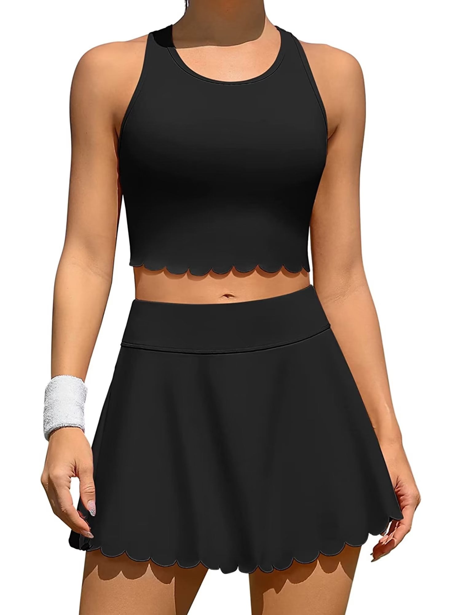 2 Piece Tennis Dresses for Women with Shorts and Pockets Golf Workout Outfits Skirts Sets Black