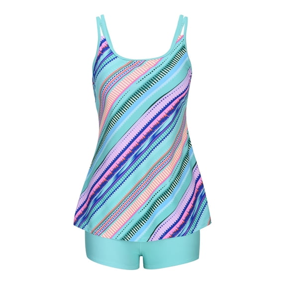 VEKDONE Women'S Conservative Tankini SwimsuitPlus Size Tankini Swimsuits for Women 2 Piece Bathing Suits Stripes Printed Tank Top with Boyshorts Tummy Control Swimming Suits Mint Green,XL