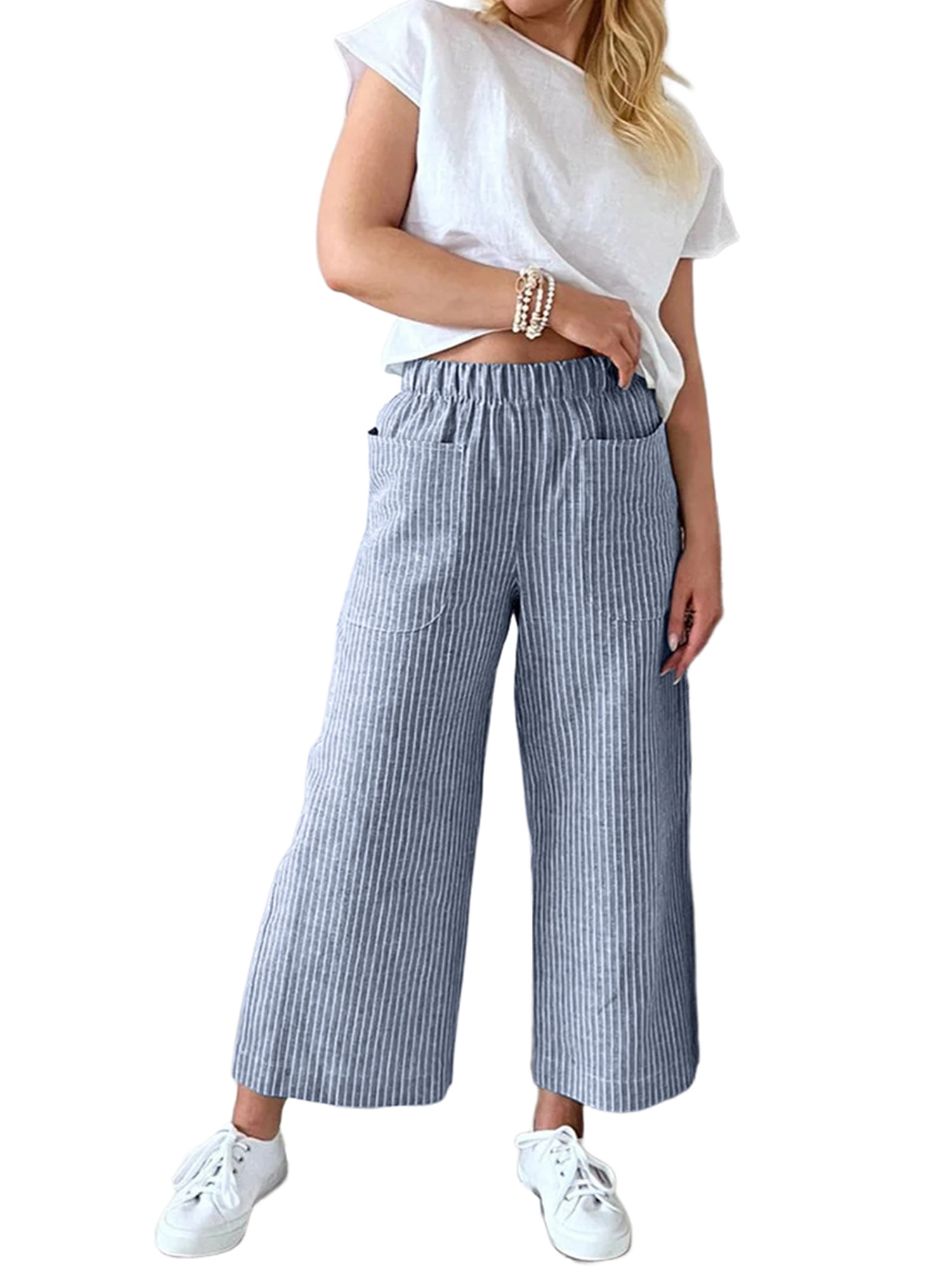 JustVH Women Striped Trousers Casual Wide Leg Loose Fit Chino Cropped ...