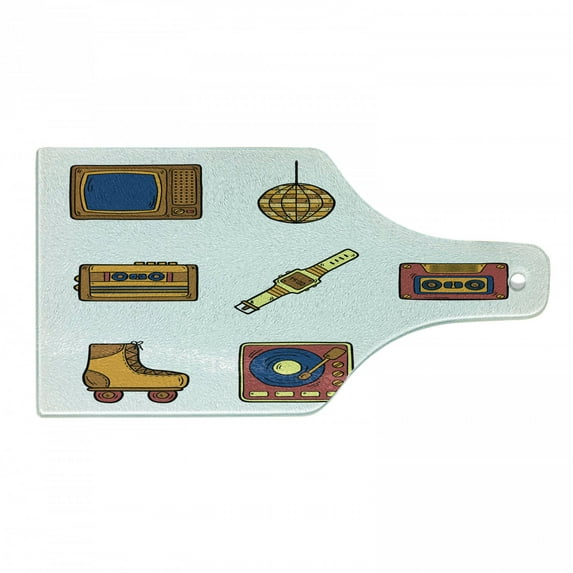 90s Cutting Board, Cartoon Illustration with Old Fashioned Technology Lifestyle Theme Nostalgic Art, Decorative Tempered Glass Cutting and Serving Board, Wine Bottle Shape, Mustard Navy, by Ambesonne