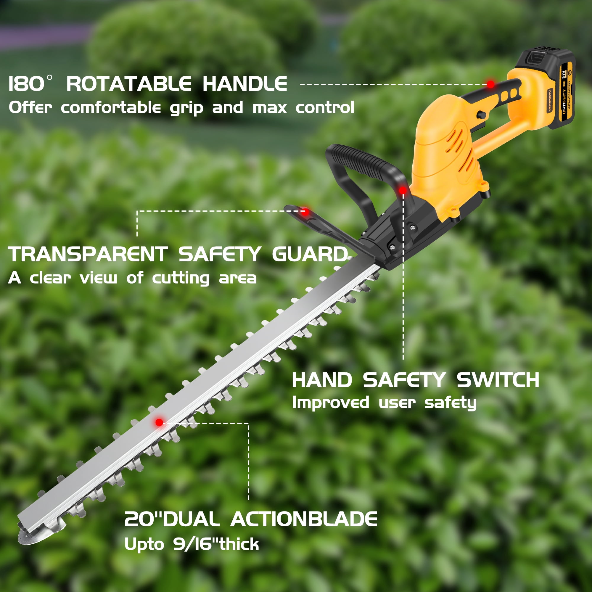 Hedge Trimmer Cordless, UMTIMATY 21V Electric Hedge Trimmer with 3.0Ah Battery and Charger for Bush Shrub Cutting, Trimming, Yellow