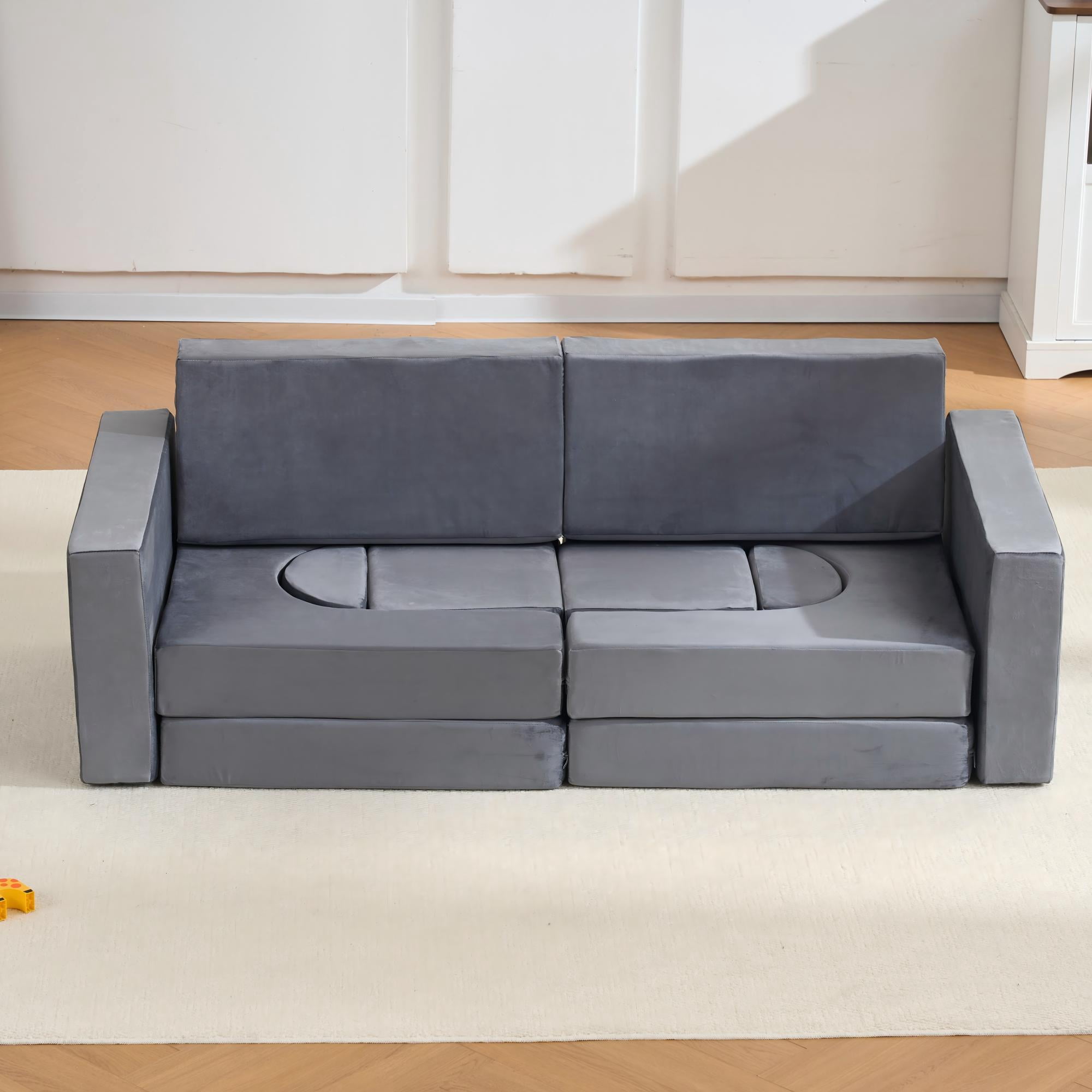 Modular Kids Play Couch 14-Piece Set, Soft Foam Building Block Sofa for Toddlers, Convertible Floor Cushion Activity Playset for Playroom and Nursery, Gray