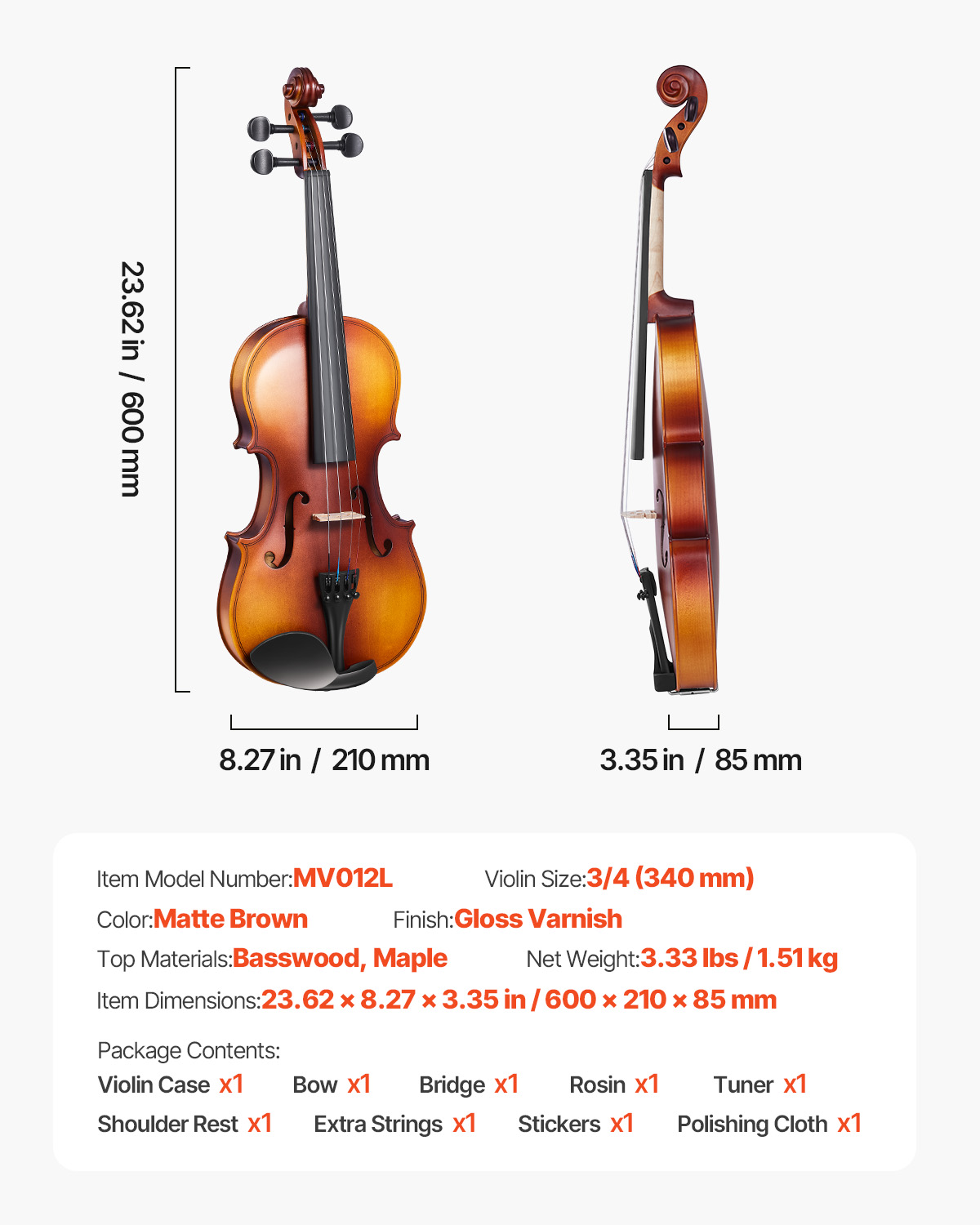 VEVOR Violin 3/4 Size for Adults, Violin Fiddle Set for Beginners with Hard Case, Rosin, Bow, Shoulder Rest, Bridge, Tuner and Extra Strings, Professional Musical Instruments for Student (Brown)