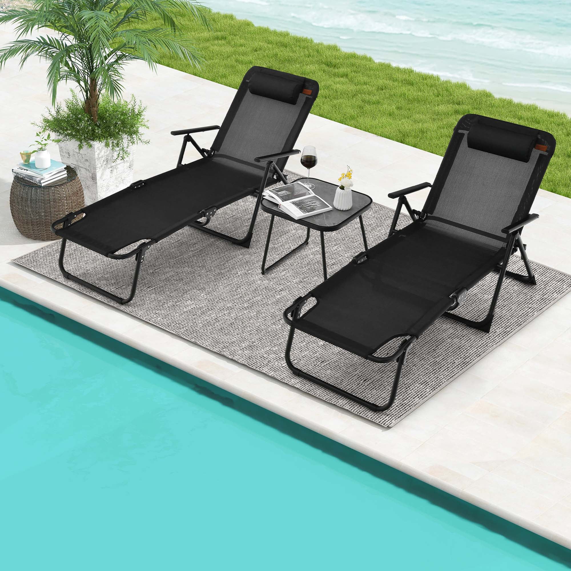 Costway 3pcs Patio Folding Chaise Lounge Chair PVC Tabletop Set Outdoor Portable Beach Walmart