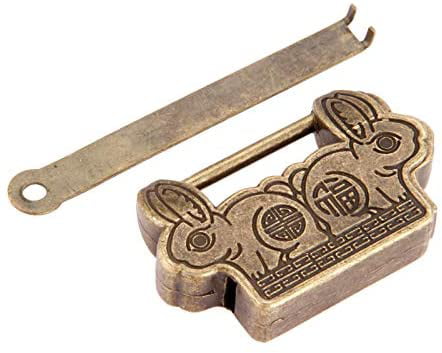 Old Chinese Style Rabbit Design Bronze Metal Lock Padlock Drawer Jewelry Box 