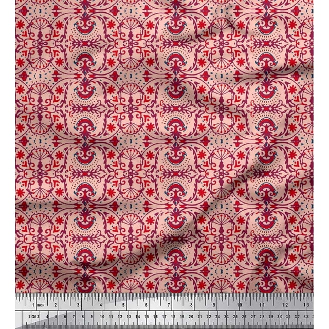 Soimoi Crepe Silk Fabric Damask Ethnic Printed Fabric 1 Yard 42 Inch Wide