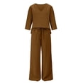 thumbnail image 4 of Cagogo Women Plus Size V Neck 3/4 Sleeve T Shirt Wide Leg Pants Two Piece Set Solid Boho Lounge Wear Casual Loose Outfits Spring Summer Travel Clothes, Brown 4XL, 4 of 5