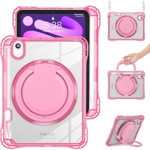 Case for iPad Mini 7 A17 Pro / Mini 6, iPad Mini 6th/7th Gen 2021 2024 8.3 Inch Shockproof Rugged Protective Cover with 360 Rotating Stand Pencil Holder Hand/Shoulder Strap Transparent Back
