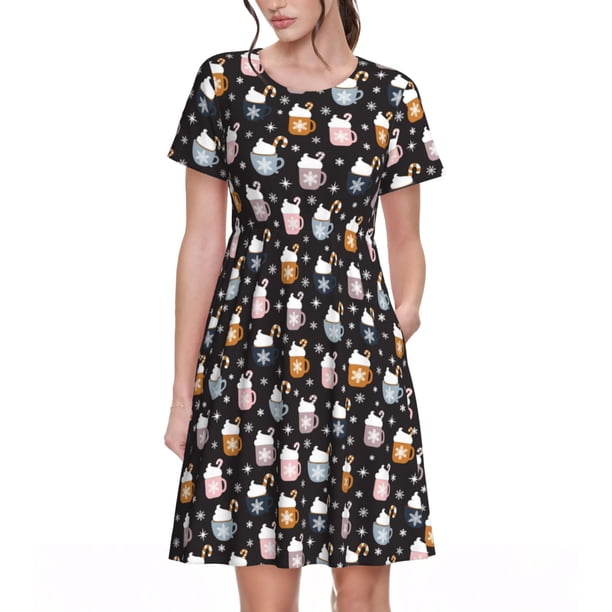 Balery Snowflake Cream Hot Cocoa Vestidos sueltos de manga corta para mujer, vestidos de verano 2025, vestidos casuales de corte A con vuelo.