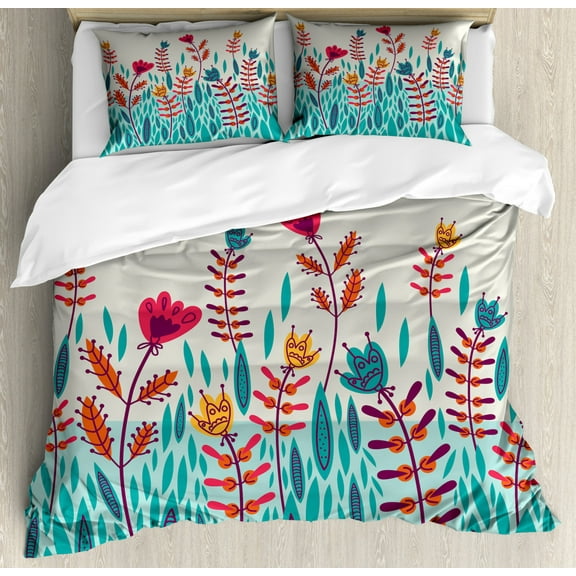 Botanical Duvet Cover Set King Size, Doodle Ornamental Poppy Flower with Abstract Sketch Leaves and Grass Meadow Print, Decorative 3 Piece Bedding Set with 2 Pillow Shams, Multicolor, by Ambesonne