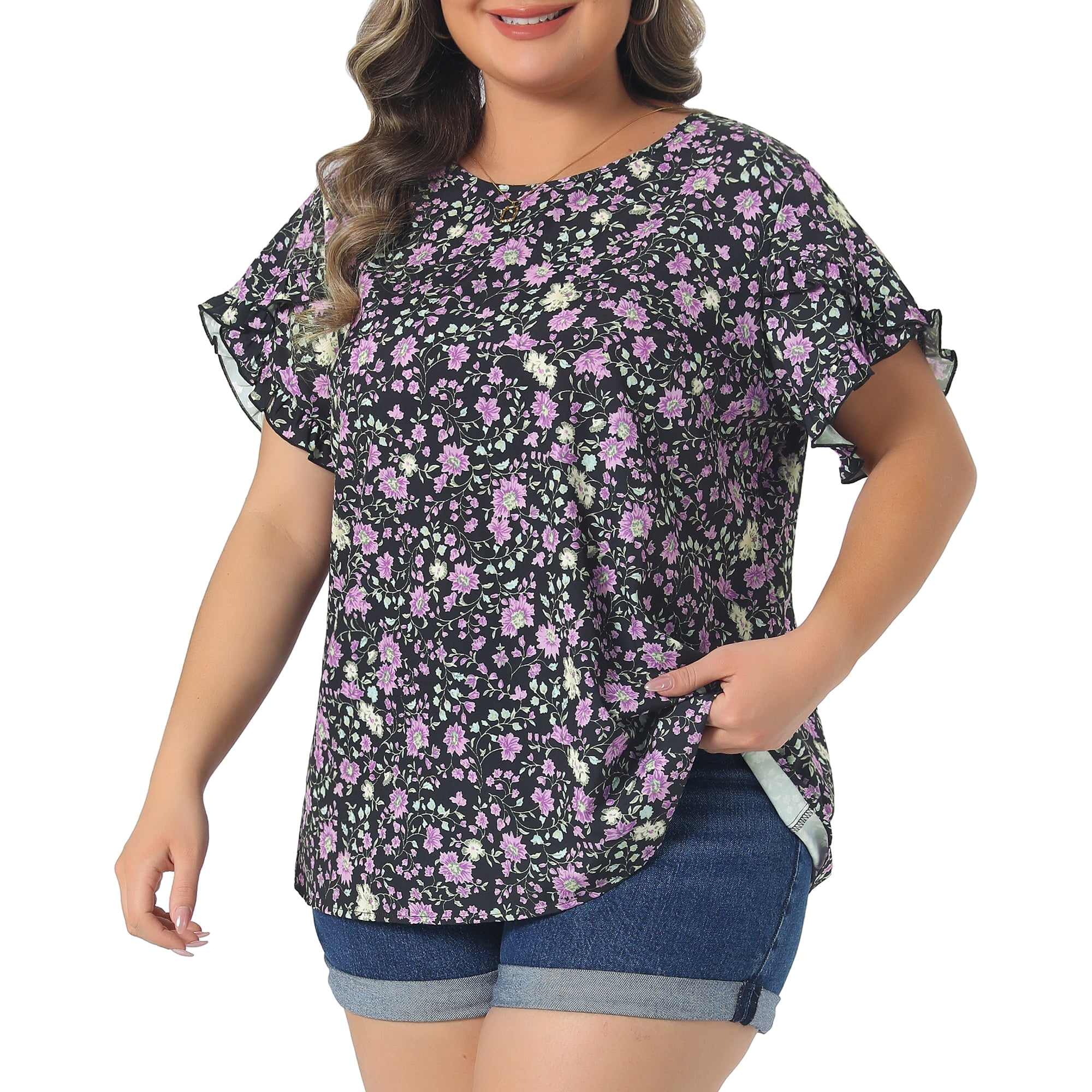 DARING DIVA Women's Plus Tulip Sleeves Crew Neck Floral Print Tops 4X Purple