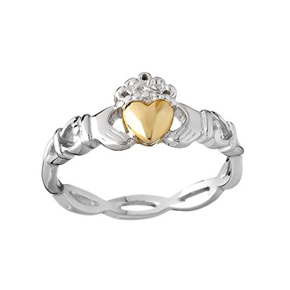 Claddagh Ring For Women Made in Ireland 10K Yellow Gold Heart Sterling Silver Weave Patterned Ring Band Crafted by Boru in Co. Dublin, Ireland Size 6