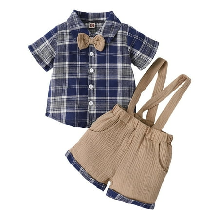 

12 Months Baby Boys Summer 2PCS Outfits 18 Months Toddler Boys Gentleman Outfits Short Sleeve Lapel Plaid Shirt Top Overall Shorts Set Blue