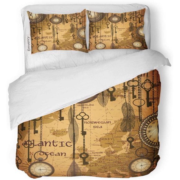 RYLABLUE 3 Piece Bedding Set Beige Travel Antique Map and Clocks Brown Vintage Time Old World Key Twin Size Duvet Cover with 2 Pillowcase for Home Bedding Room Decoration