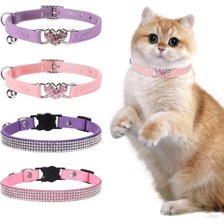 Cat Collars with Bell, 4 Pcs Rhinestone Cat Collars, Soft Velvet Fancy Cat Collar, Heart Bling Girl Cat Collar, Adjustable Safety Kitten Collar, Princess Cat Collar