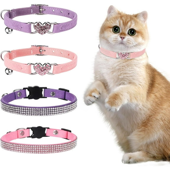 Cat Collars with Bell, 4 Pcs Rhinestone Cat Collars, Soft Velvet Fancy Cat Collar, Heart Bling Girl Cat Collar, Adjustable Safety Kitten Collar, Princess Cat Collar