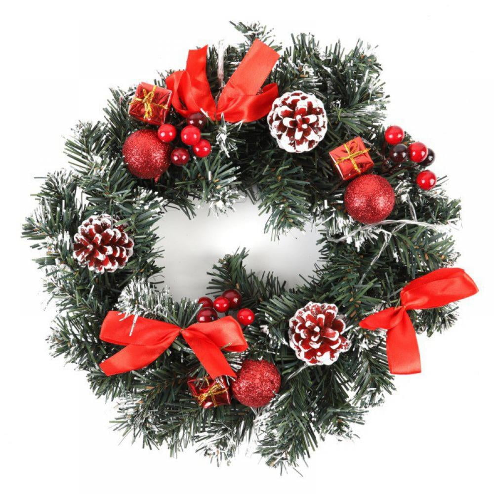 Yuanhaourty LED Lights Christmas Wreath Garland Door Window Wall Hanging Ornament Decoration with Bow Pine Cones Red Berries