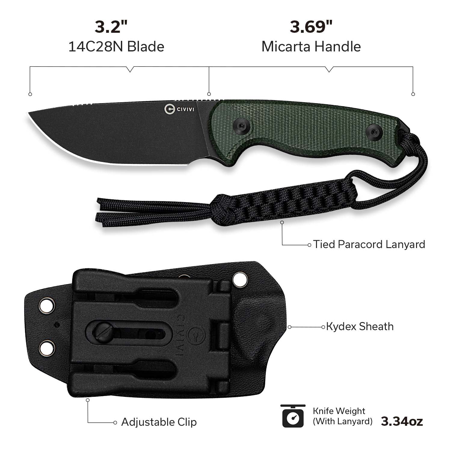 CIVIVI Timberbark Fixed Blade Knife with Kydex Sheath & Clip, 3.2" 14C28N Blade Micarta Handle with Lanyard, Ideal EDC Hunting Knife for Outdoor Adventures Camping Hiking C23094-3, Green