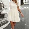 thumbnail image 3 of QUYUON Mini Dresses for Women Casual Crew Neck Short Sleeve Ruffle Tiered Summer Dress Pleated A-Line Flowy Short Dress Beach Sundress Evening Cocktail Party Knee Length Dresses Style D-142 Beige M, 3 of 5