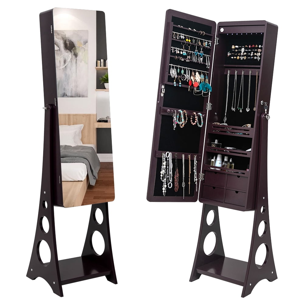 Kepooman 3-Layer Jewelry Armoire, Wooden Floor Standing Jewelry Cabinet, Jewelry Organizer with Mirror for Earrings Bracelets Rings Necklace, Dark Brown Kepooman 3-Layer Jewelry Armoire, Wooden Floor Standing Jewelry Cabinet, Jewelry Organizer with Mirror for Earrings Bracelets Rings Necklace, Dark Brown