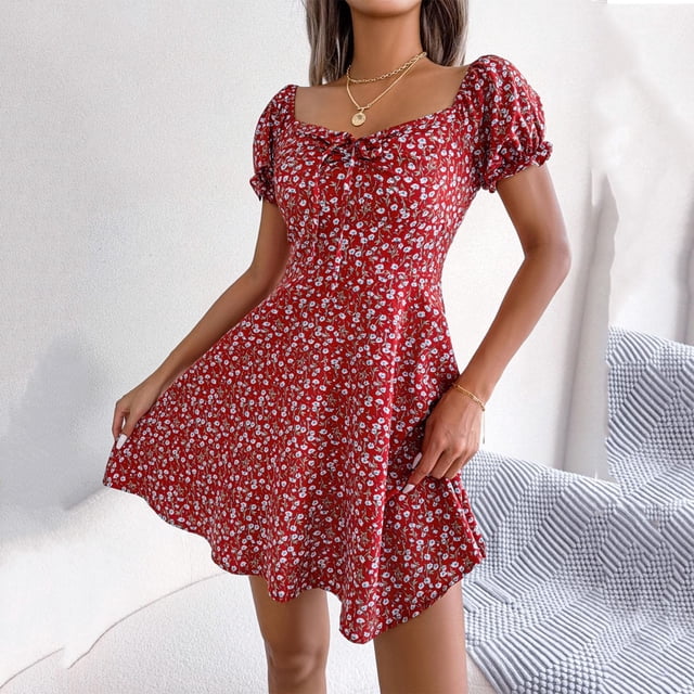 Fankiway Robe Décontractée à Manches Évasées pour Femmes avec Cordon de Serrage et Arrangements Floraux Robes pour Femmes Grande Taille Liquidation Robes d'Été pour Femmes Manches Courtes