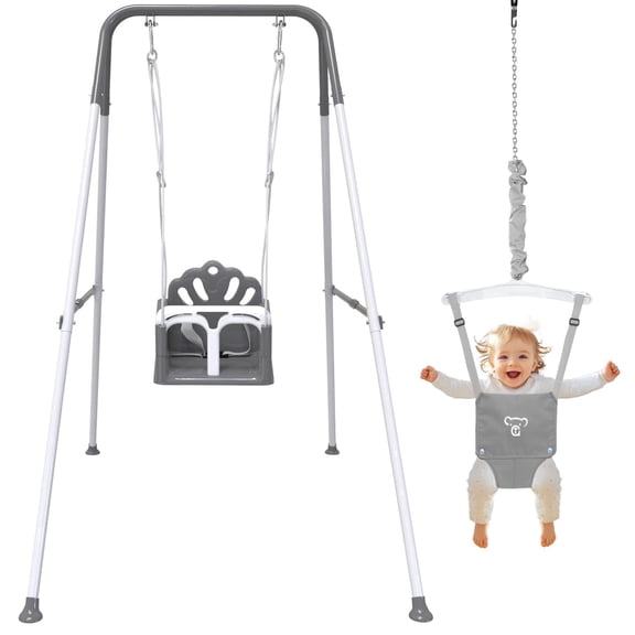 Semoprus 3-in-1 Toddler Swing Sets for Backyard, Foldable Baby Swing Outdoor Indoor, Kids Swing with Metal Stand, Gray