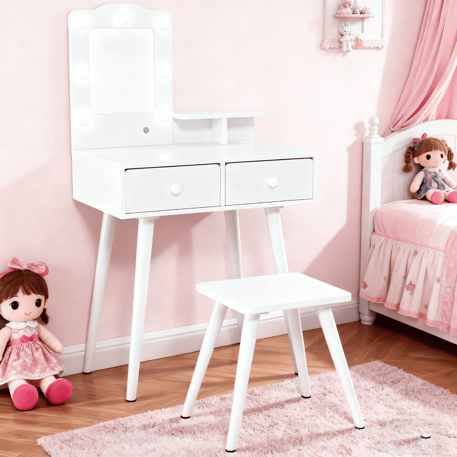 Arlopu Kids Vanity Table & Stool Set, Wooden Makeup Table and Chair Set with Storage Drawer, LED Lights & Mirror