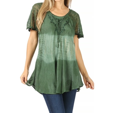 Sakkas Parisa Casual Summer Short Sleeve Top Blouse with Corset and Embroidery - Green - Plus Size
