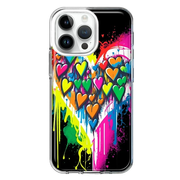 MUNDAZE Case for Apple iPhone 15 Pro Max Slim Hard Shell Soft TPU Hybrid Shockproof Heavy Duty Protective Phone Cover - Colorful Rainbow Hearts Love Graffiti Painting
