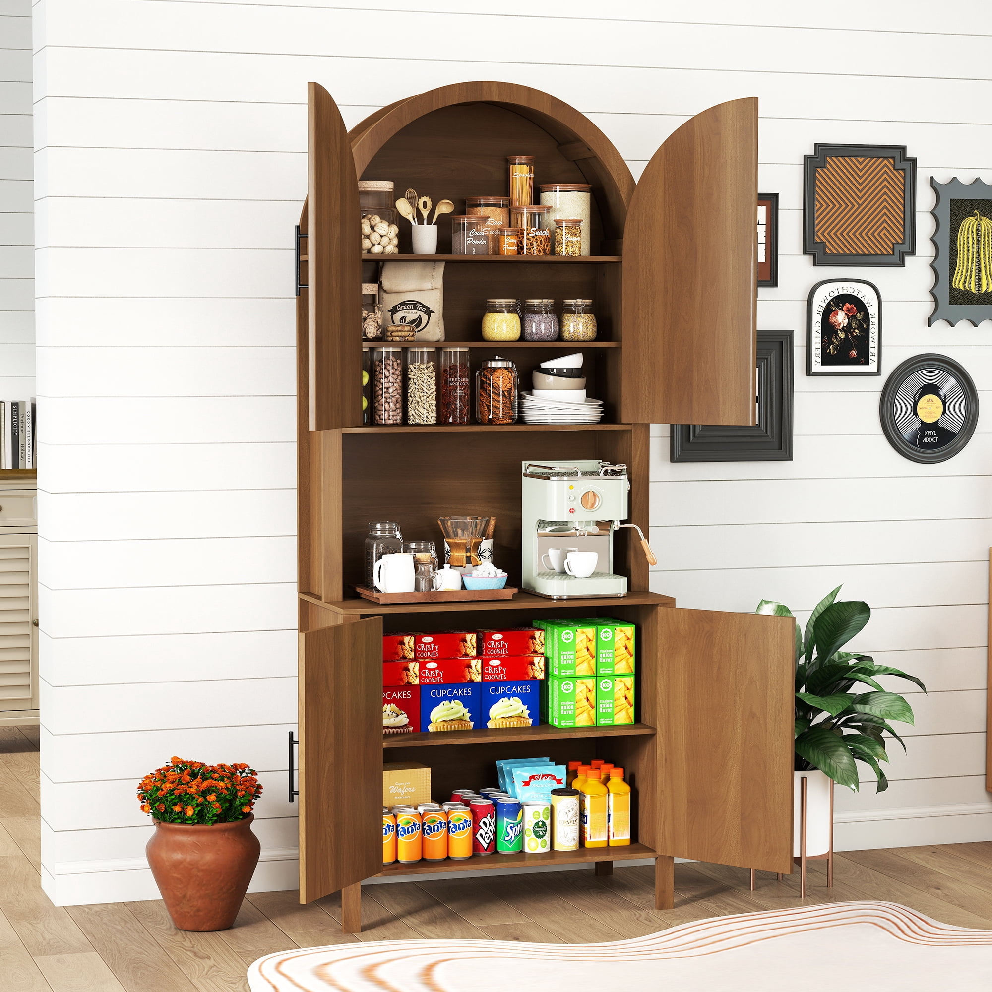 Oubayajia 75.8" Tall Arched Kitchen Pantry Storage Cabinets with Fluted Doors and Adjustable Shelves, Freestanding Cupboard for Kitchen, Dining Room and Living Room, Walnut