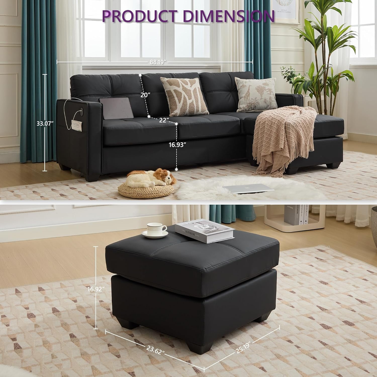 AODAILIHB 88" W Faux Leather L Shaped Sectional Sofa, Modern Comfy Modular Office Small Couch w/USB Charging Ports and Wide Arms, Black