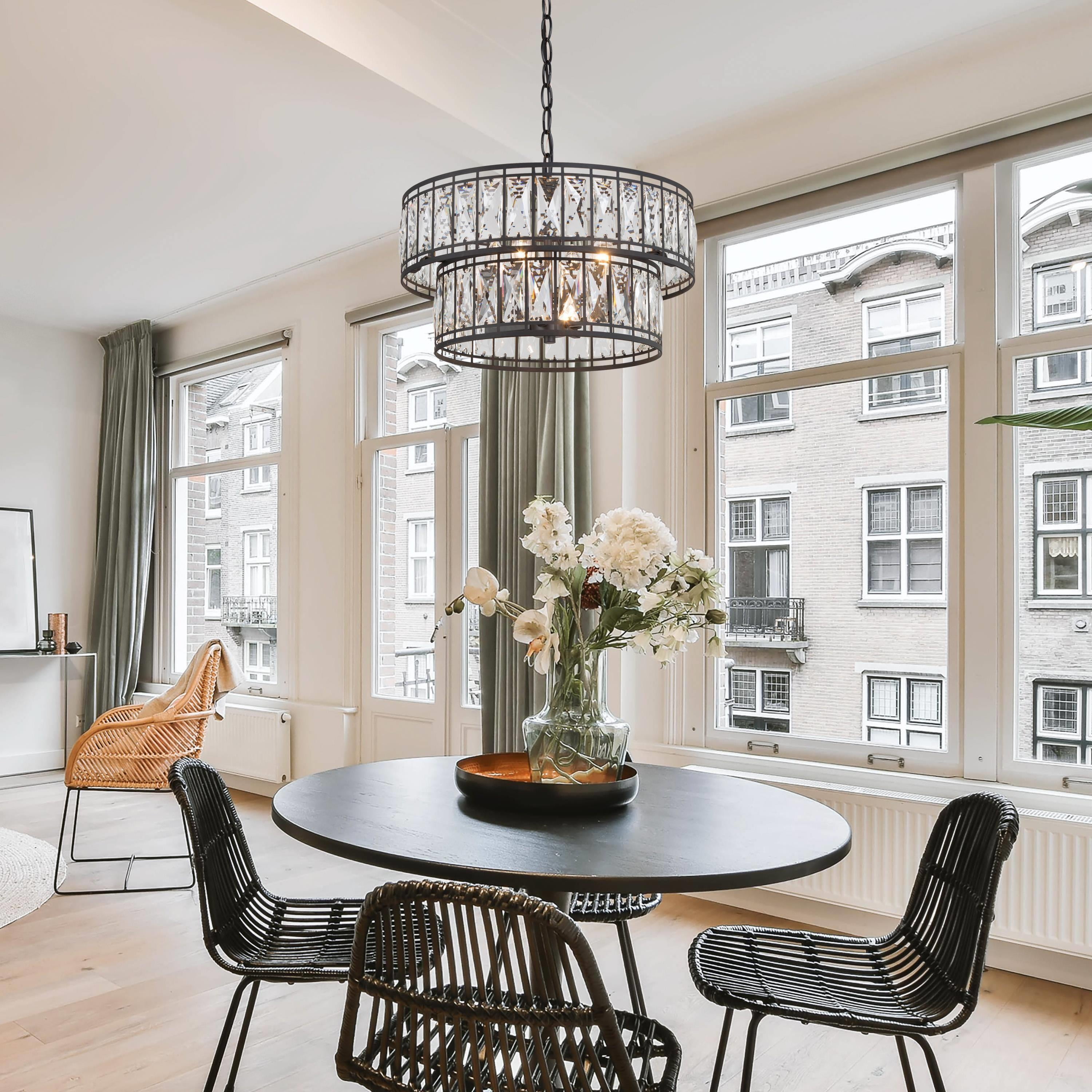 LNC 4-Light Two-Tier Crystal Round Modern Chandelier for Living or Dining Room