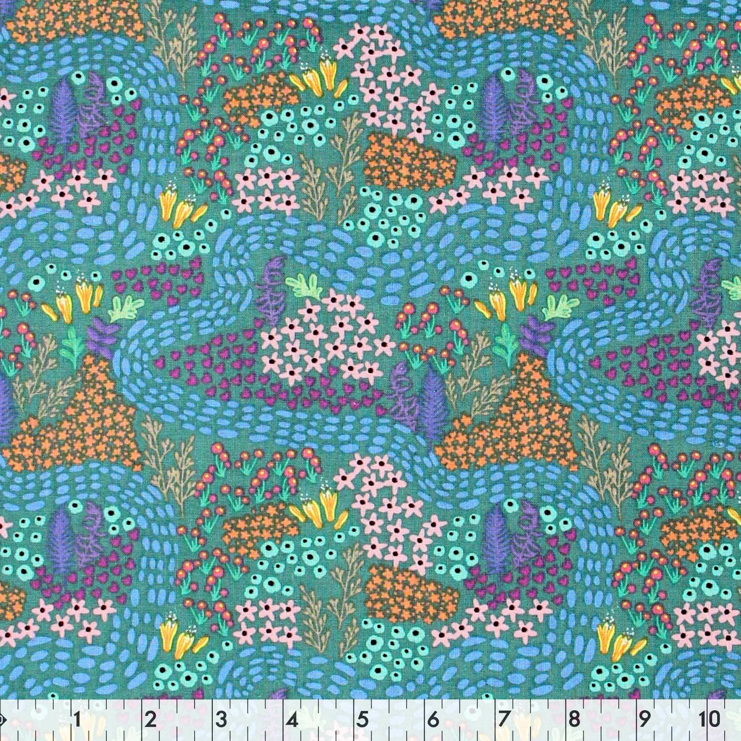Tissu au mètre en coton Fabric Creations à motif de vert foncé avec chemin de jardin floral Ditzy