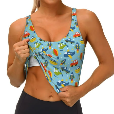 Qokaie Artoon Transport Pattern Womens Scoop Neck Sports Bra Breathable Workout Vest Padded U Back Medium Impact Fitness Gym Yoga Bra Workout Crop Top