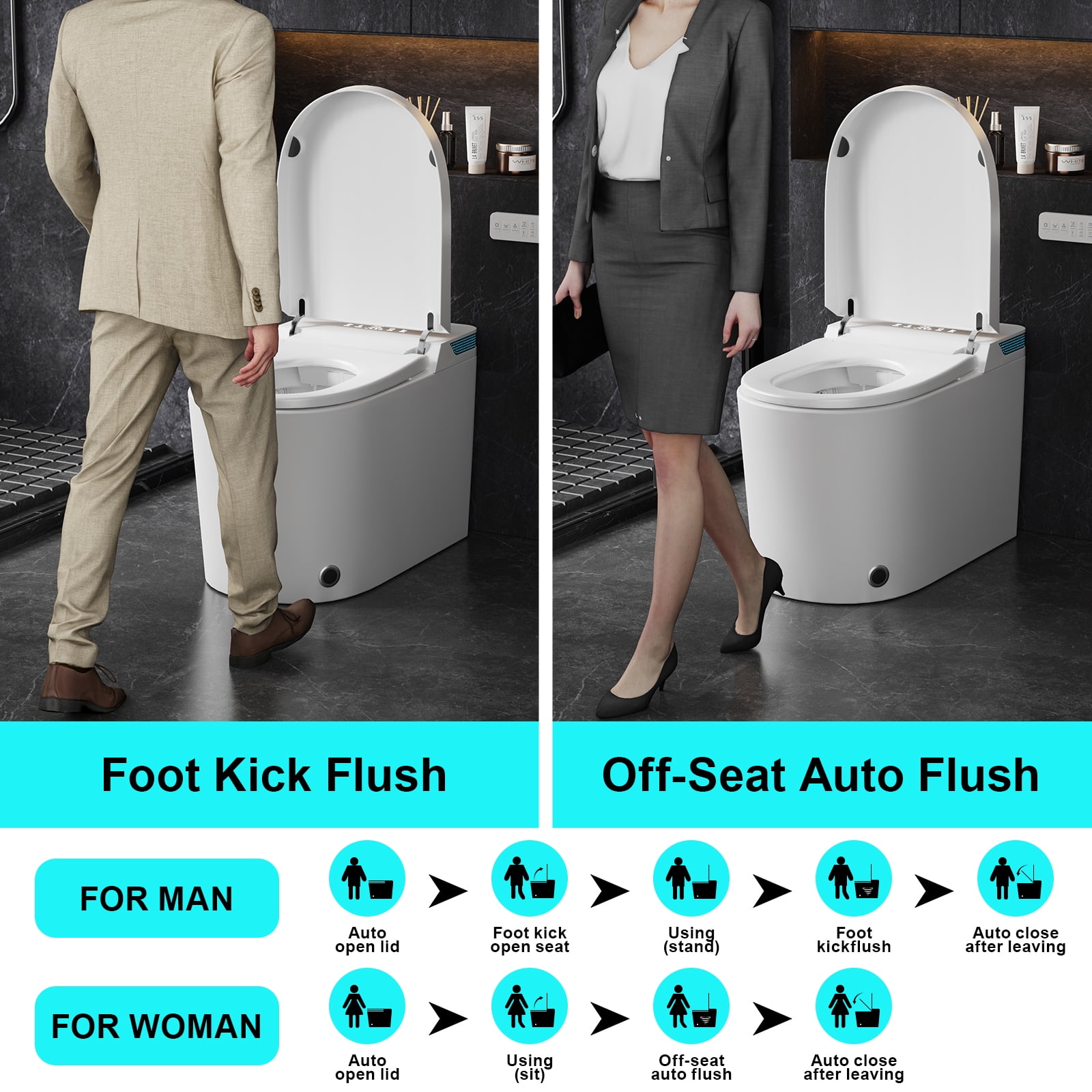 Smart Toilet with Heated Seat & Automatic Soft-Close Lid - Modern White/Black Bathroom Toilet with Night Light, Adjustable Temperature, Foam Seal System, Touchless Operation, Floor-Mounted Design, US
