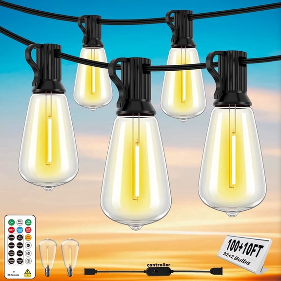 100 10FT LED Outdoor String Lights with Remote, Light Sensor Mode & DIY Timer, 32 Shatterproof ST38 Edison Bulbs, Waterproof & Weatherproof for Patios, Gardens, Energy-Saving, Connectable