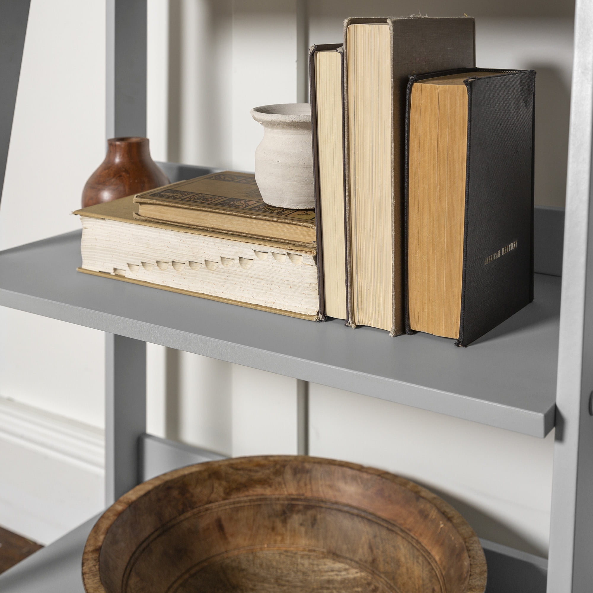 Walker Edison 4-Shelf Wood Leaning Ladder Bookshelf, Grey