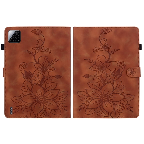 FJLBDE Case for Xiaomi Pad 7/Xiaomi Pad 7 Pro 11.2 inch 2024, Embossed Flower PU Leather Flip Wallet Folio Stand Cover, Brown