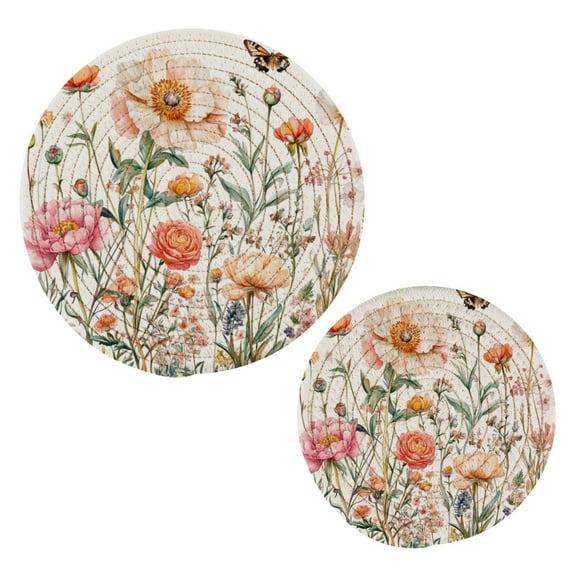 Cotton Rope Pot Holder Set of 2 Kitchen Trivets Peonies and Wildflowers Potholdersfor Hot Pans & Dishes