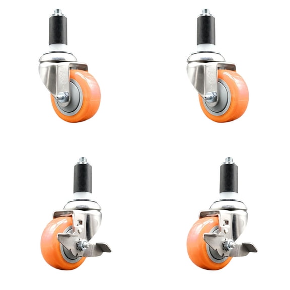 3 Inch 316SS Orange Poly Swivel 1-3/8 Inch Expanding Stem Caster Set 2 Brake SCC