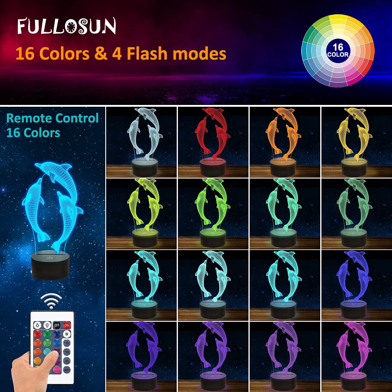 SHAANXIXIAN Night Light for Kids Ocean Dolphin 3D Night Light Porpoise Bedside Lamp with Remote Control 16 Color Changing Xmas Halloween Birthday Gift for Child Baby Girl