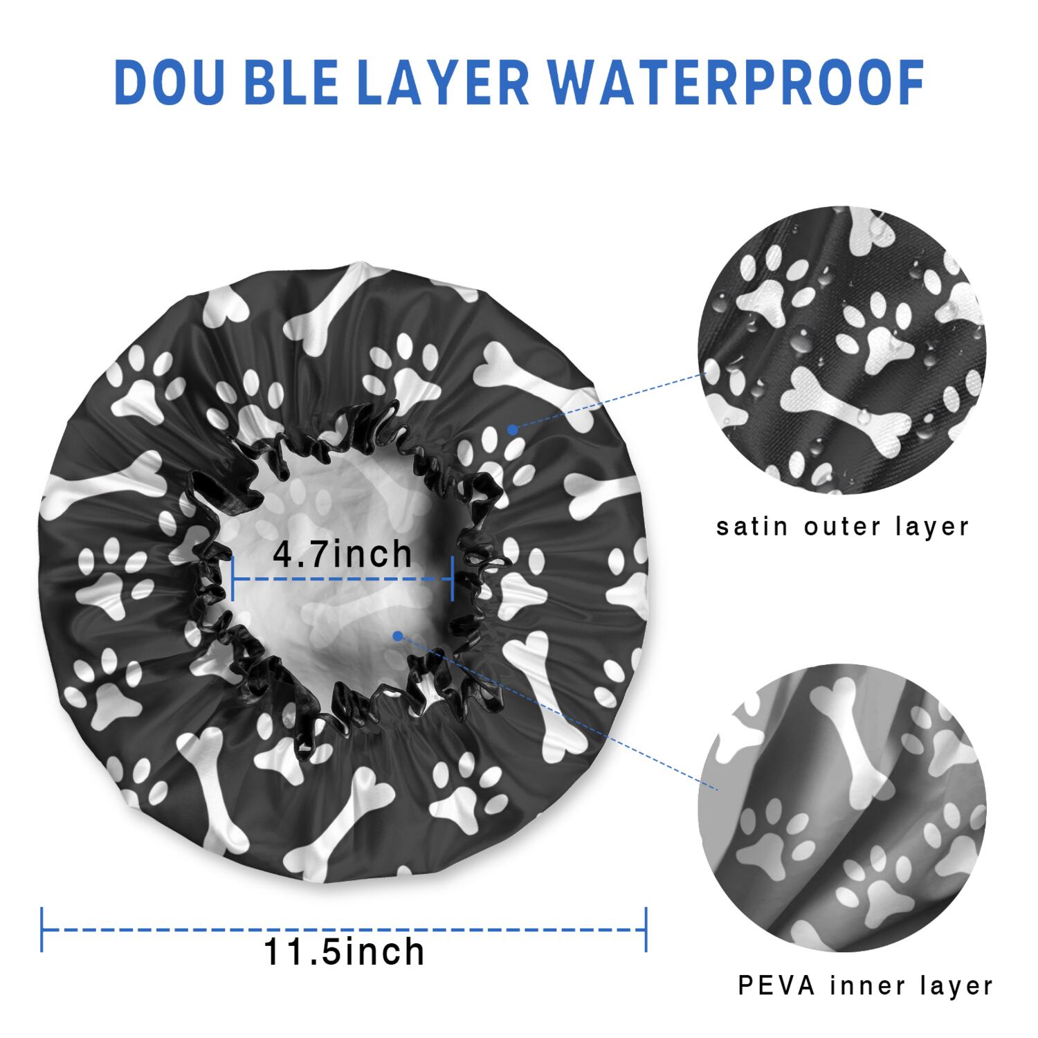 Shower Caps,Paw Prints and Bones Waterproof Shower Cap for Women 4 Pieces,Double Reusable Hair Cover for Shower PEVA Elastic Stretch Hem